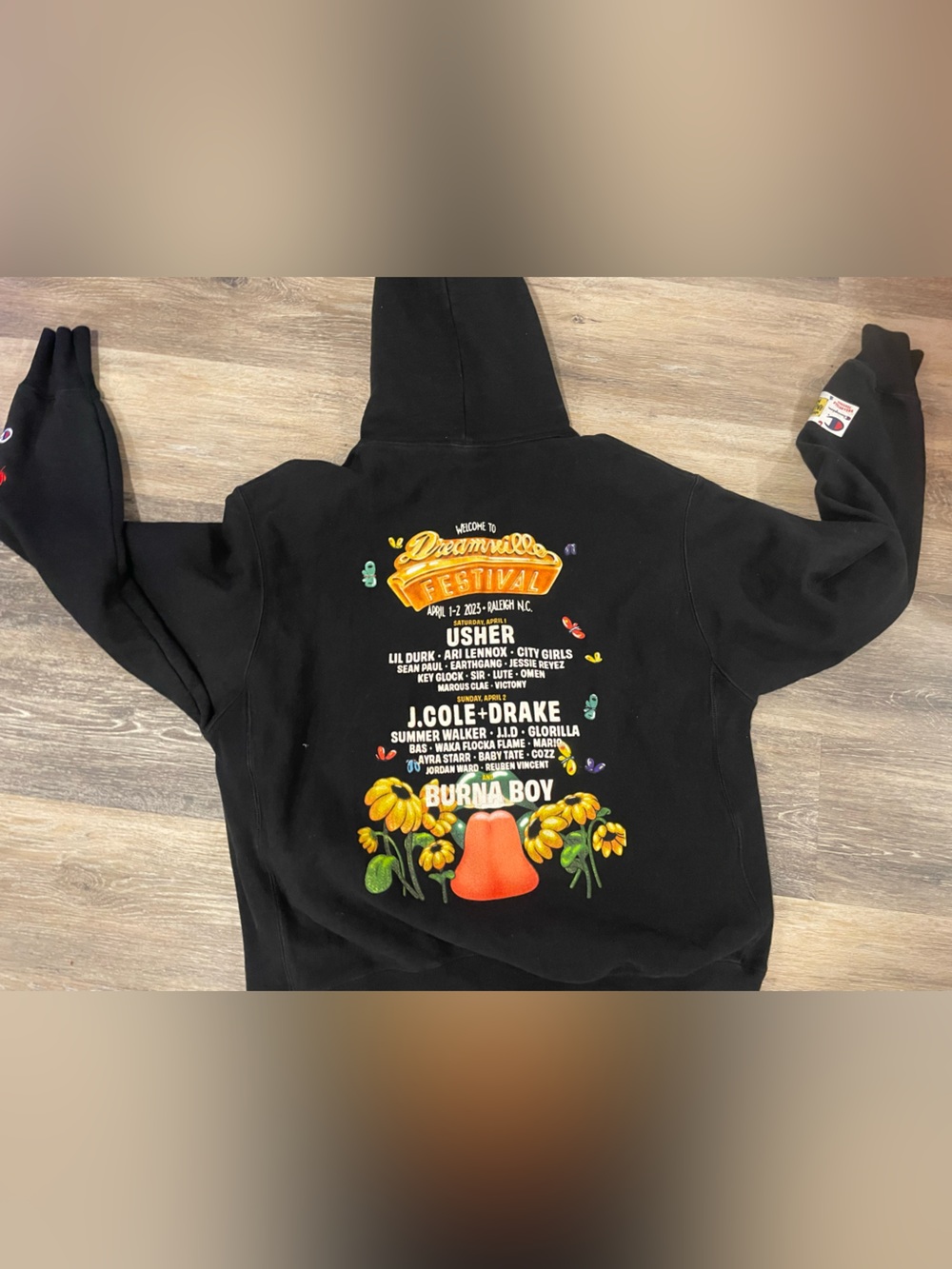Champion Black Hoodie with Colorful Floral and Concert Graphic